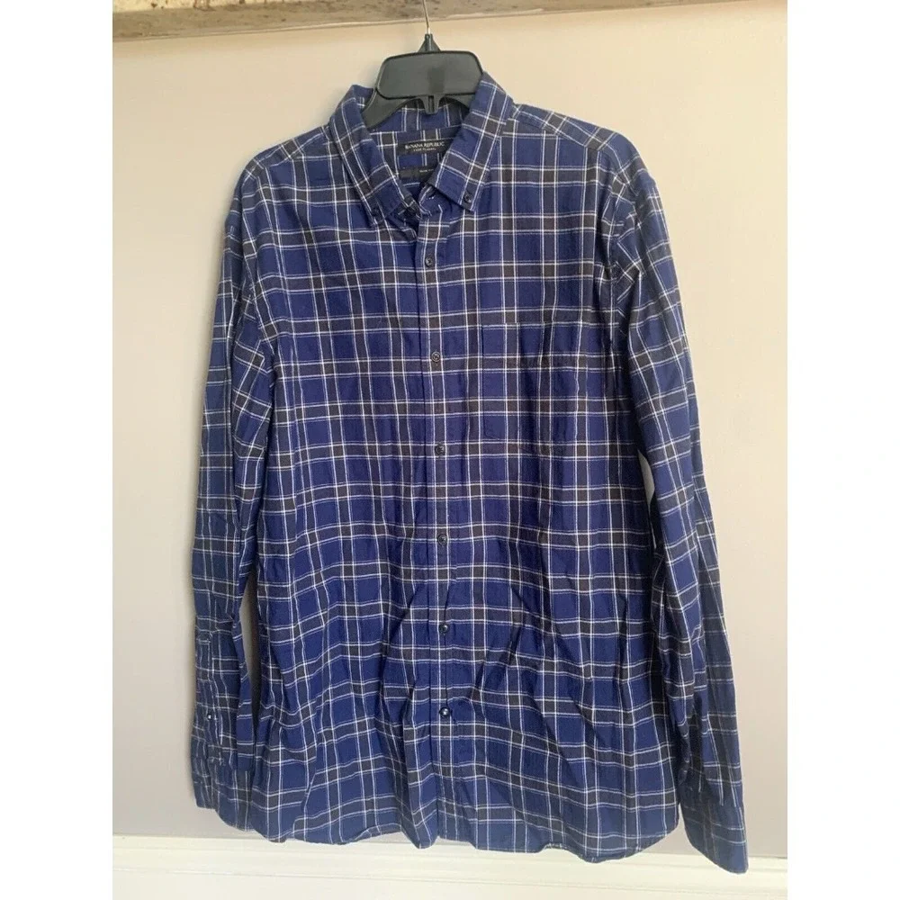 Banana Republic Luxe Flannel Shirt Mens XL Slim Fit   Blue‎ Black Plaid Rugged